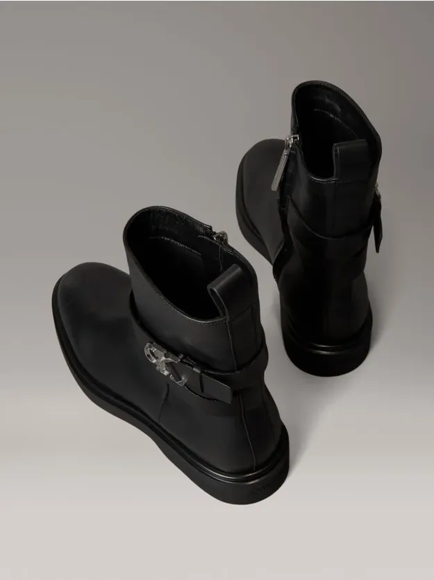 Ck Black Leather Signature Logo Ankle Boots