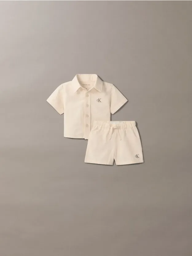 Oyster Gray طقم قميص وشورت من الكتان