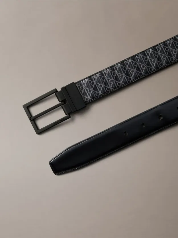 Black حزام قابل للارتداء على الوجهين مزين بنقشة شعار كلفن كلاين