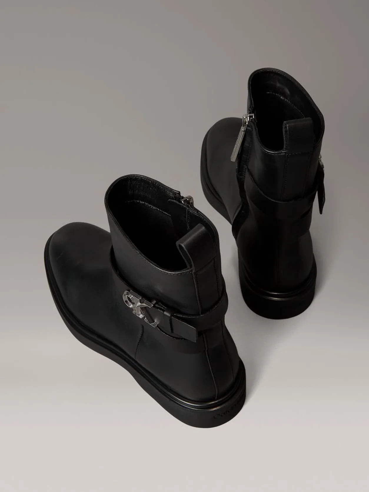 Ck Black Leather Signature Logo Ankle Boots